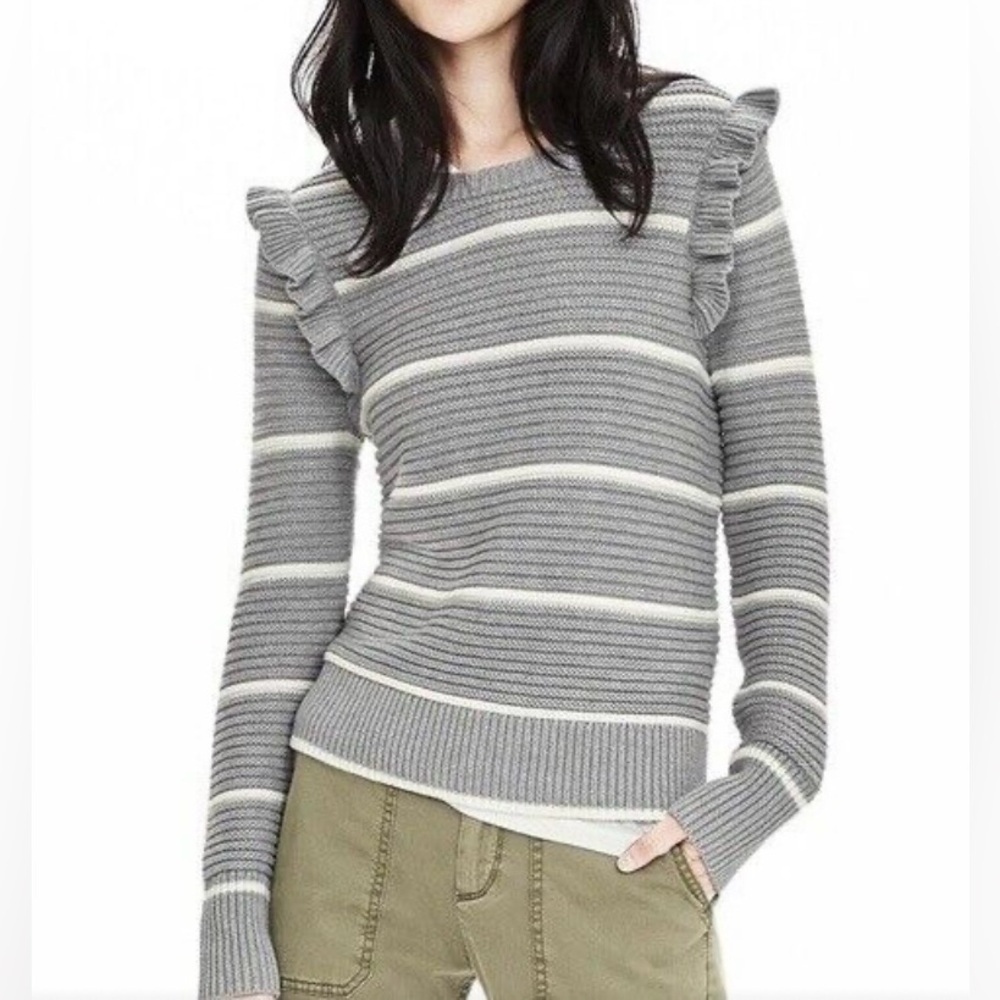 Banana Republic Grey and White Striped Chunky Knit Ruffle Shoulder Sweater